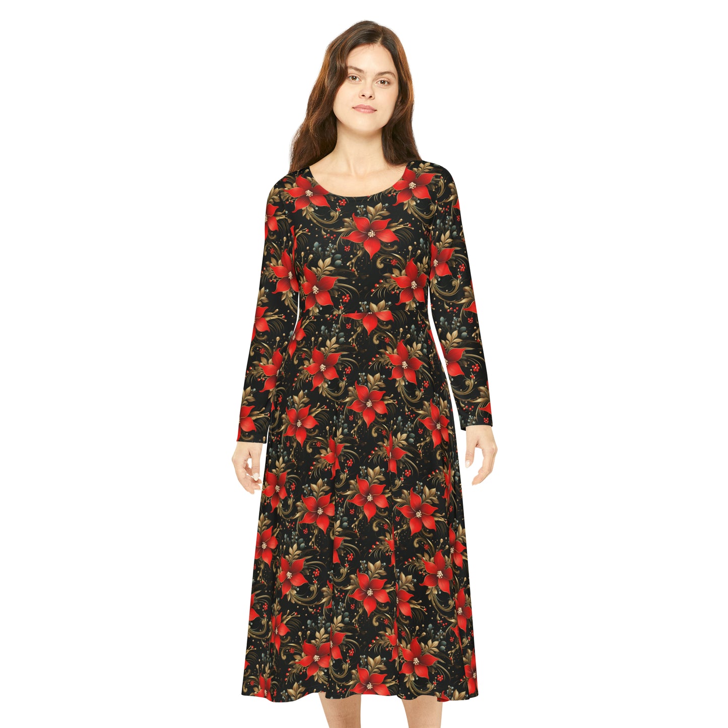 Pretty Poinsettias Women's Long Sleeve Dance Dress (AOP)