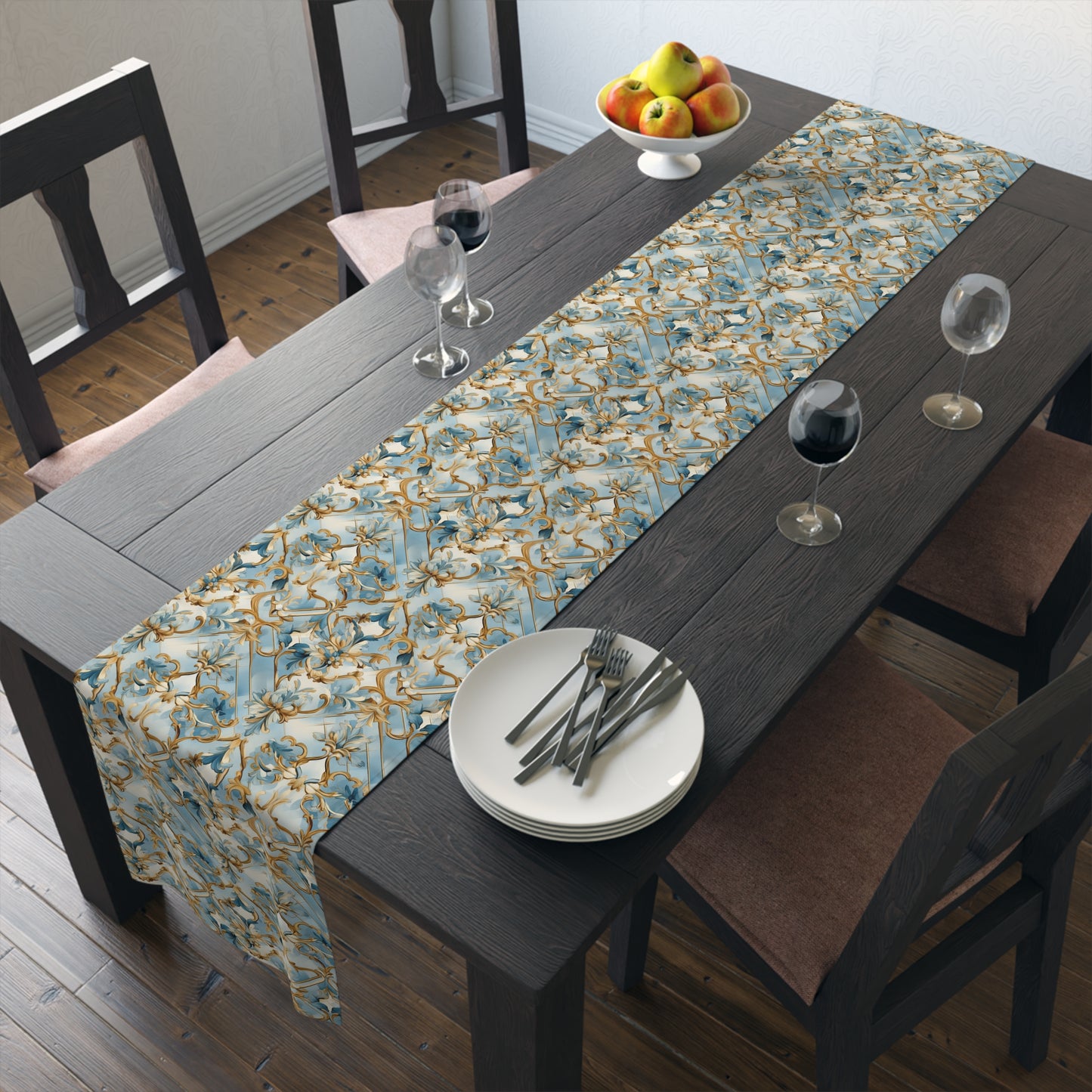 Blue and Gold Flourishes Table Runner (Cotton, Poly)