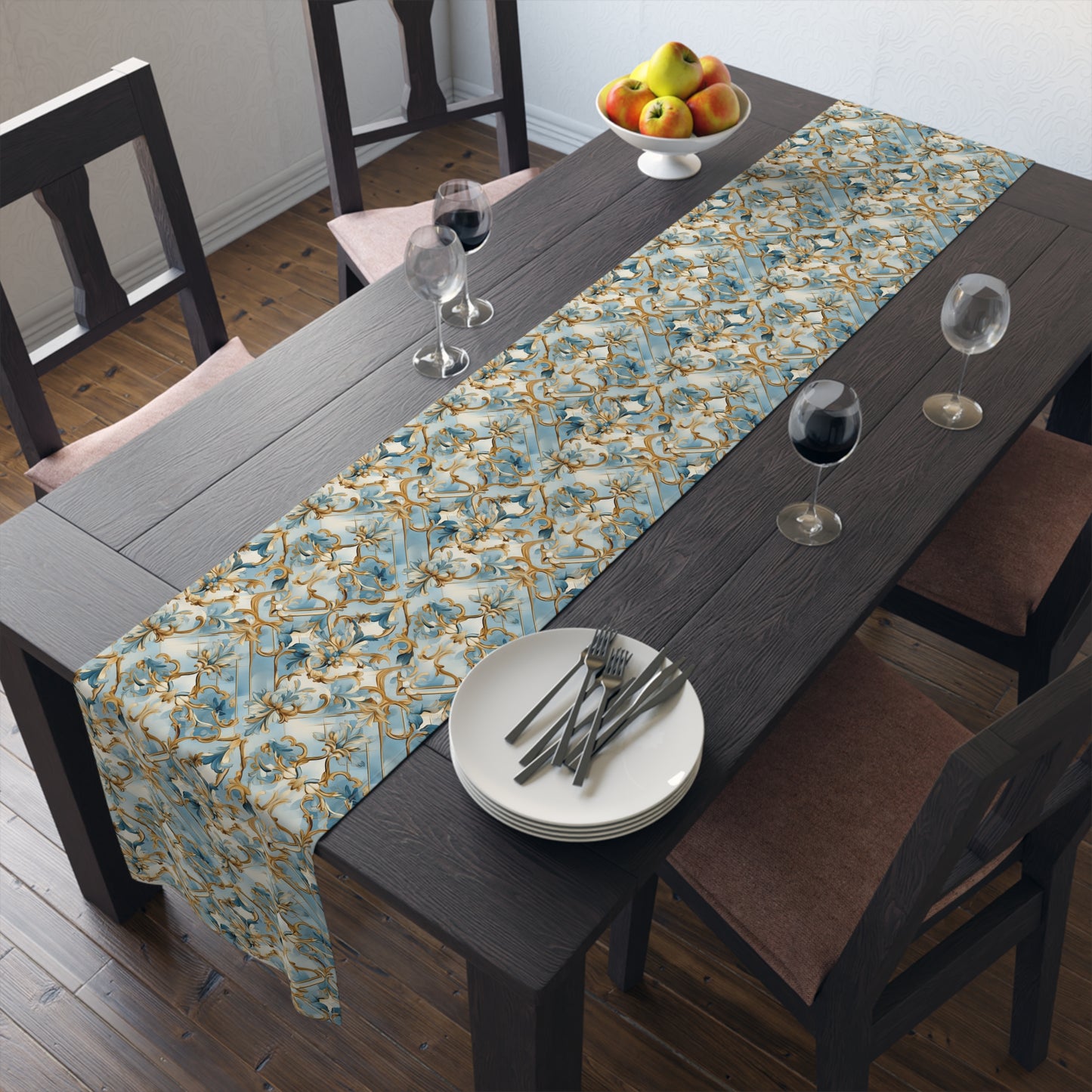 Blue and Gold Flourishes Table Runner (Cotton, Poly)