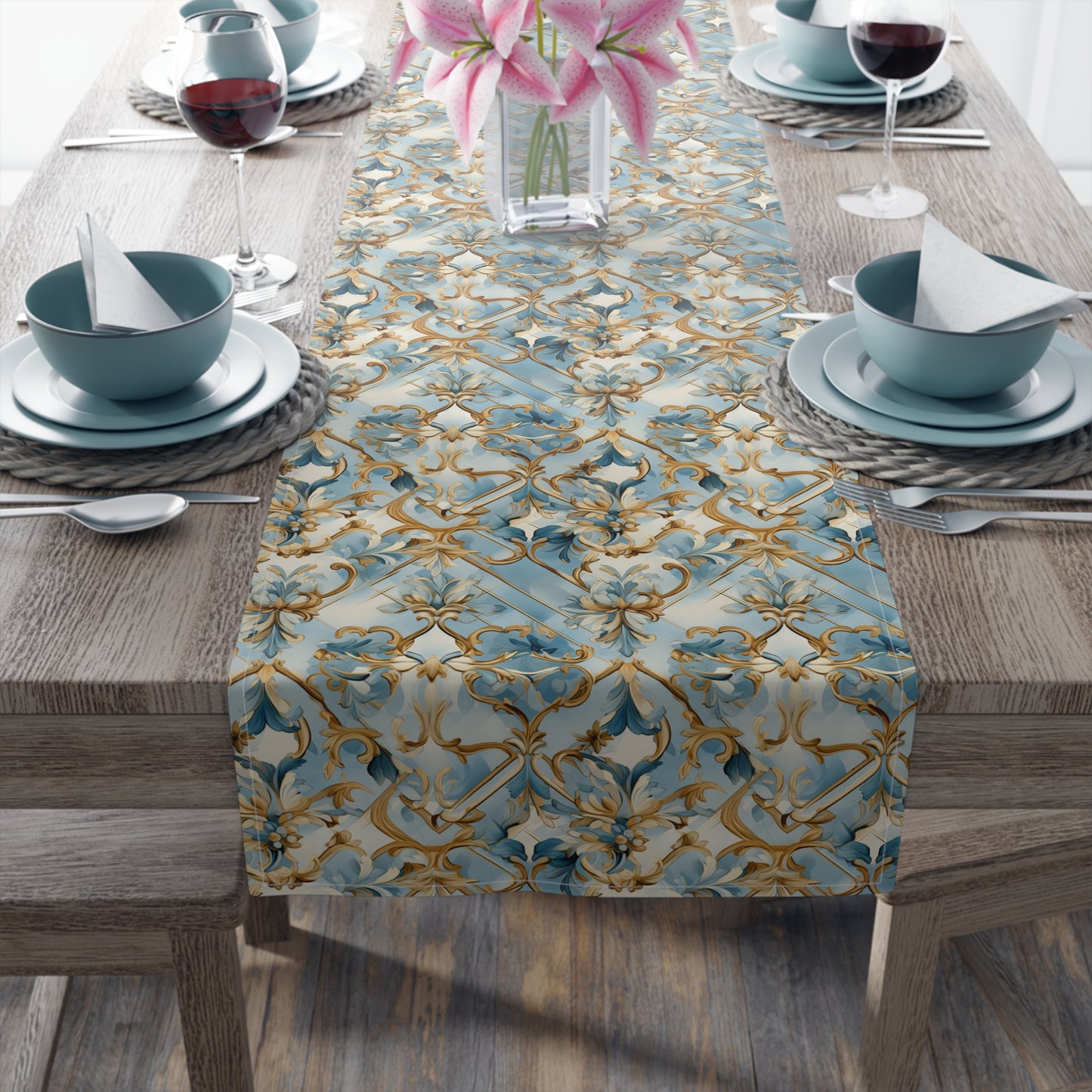Blue and Gold Flourishes Table Runner (Cotton, Poly)