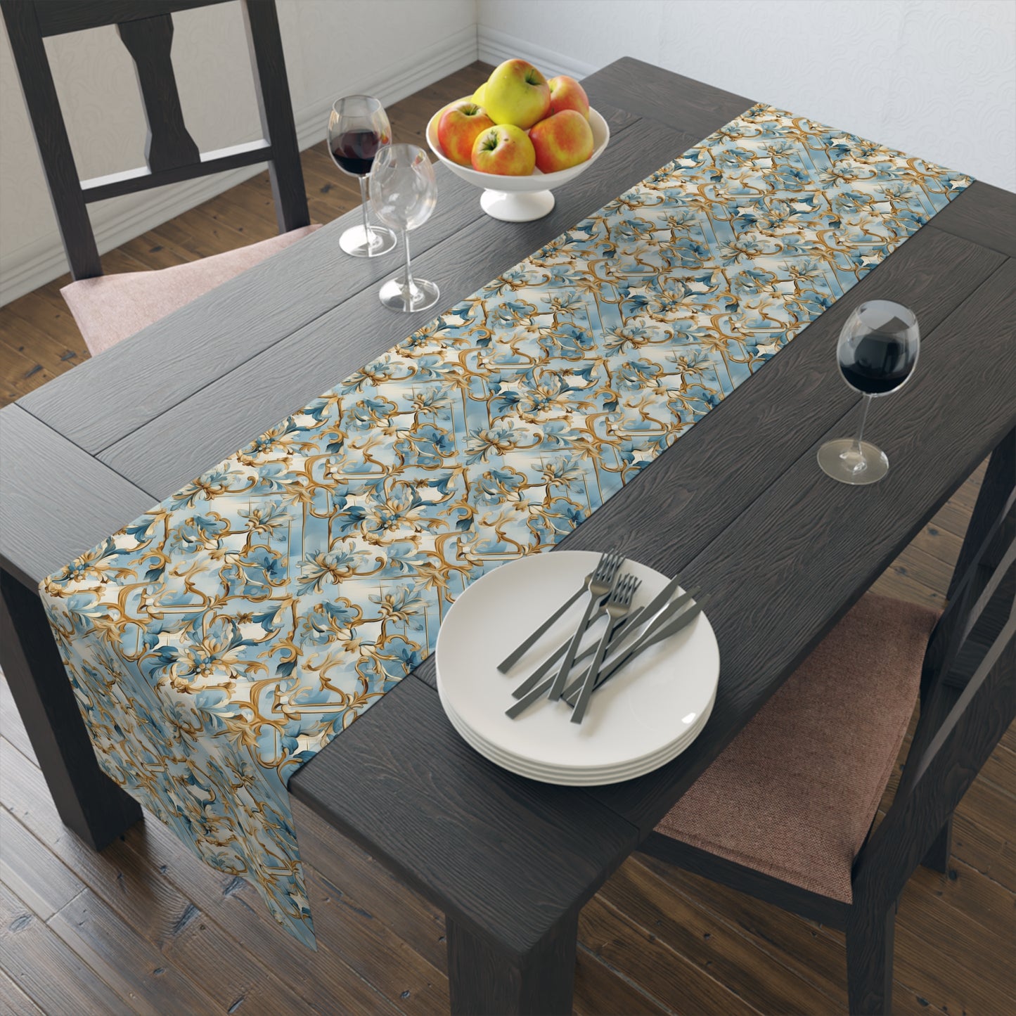 Blue and Gold Flourishes Table Runner (Cotton, Poly)