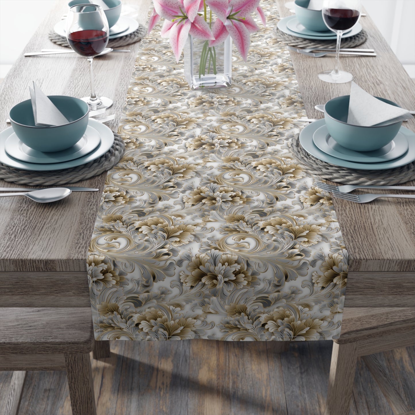 Silver & Gold Filigree Table Runner (Cotton, Poly)