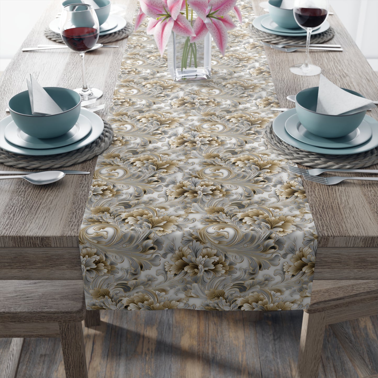 Silver & Gold Filigree Table Runner (Cotton, Poly)