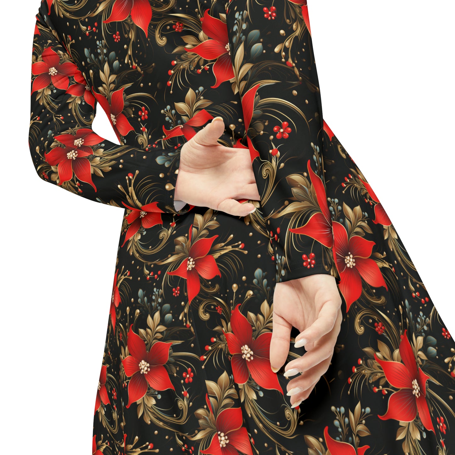 Pretty Poinsettias Women's Long Sleeve Dance Dress (AOP)