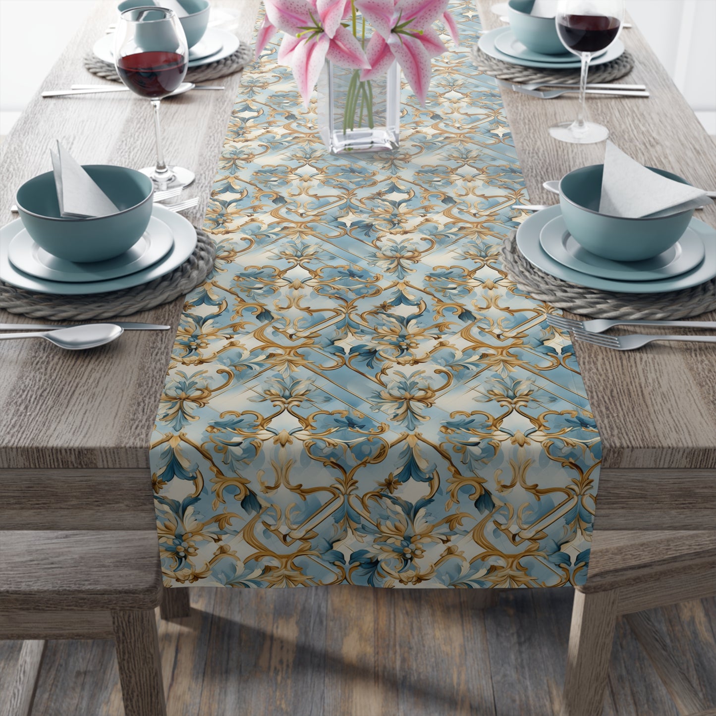Blue and Gold Flourishes Table Runner (Cotton, Poly)