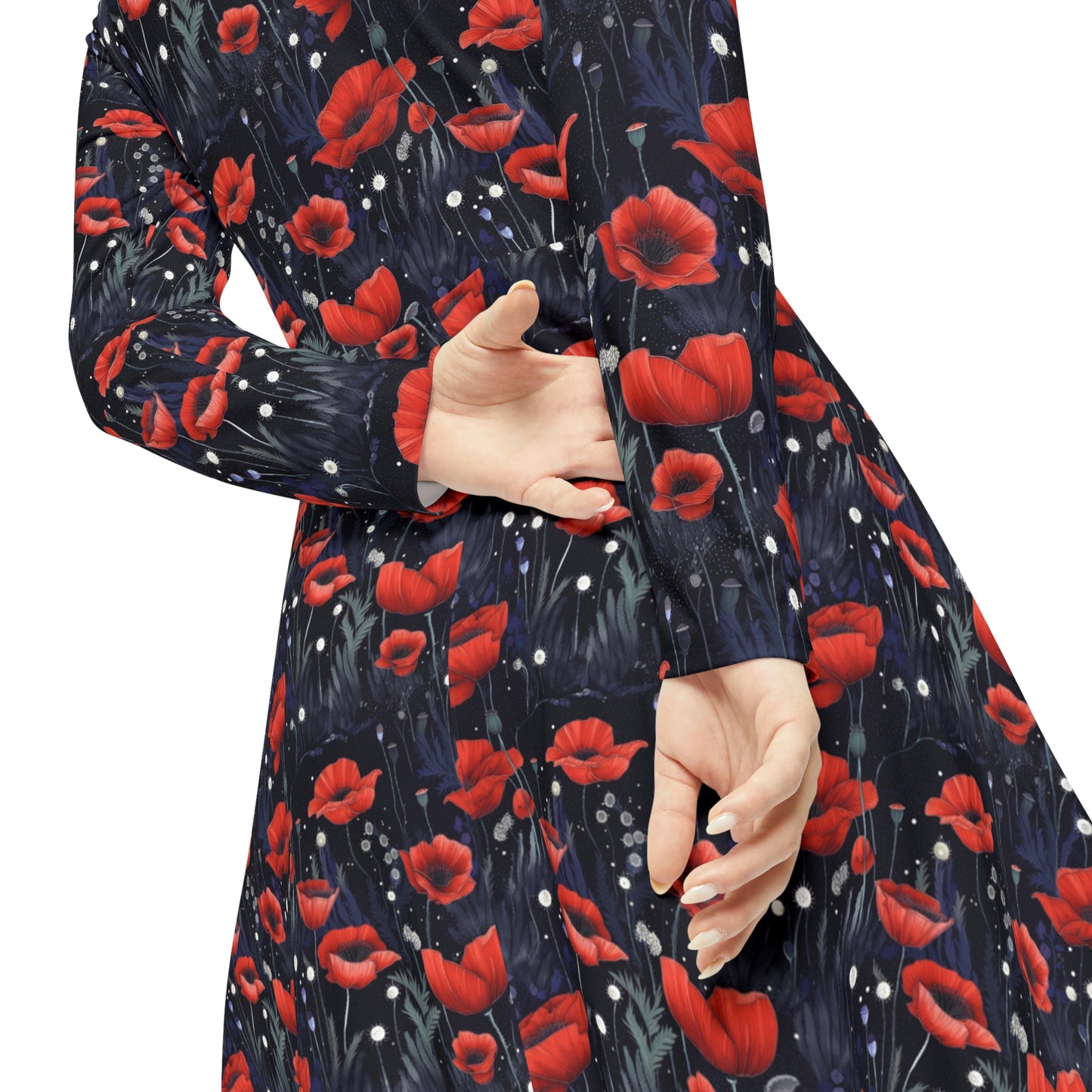 Night Poppies Women's Long Sleeve Dance Dress (AOP)