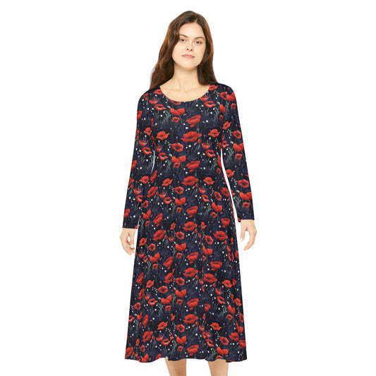 Night Poppies Women's Long Sleeve Dance Dress (AOP)